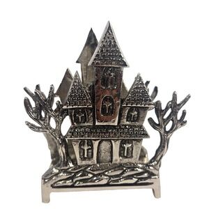 Silver Haunted House Napkin Holder Halloween Gothic Metal Trees 7 Inch